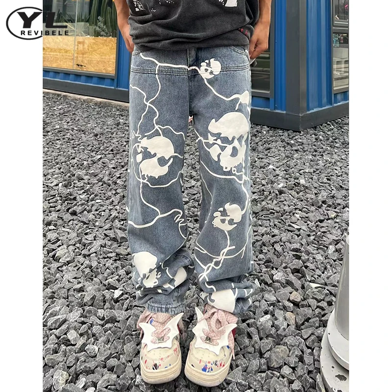 Hip Hop Street Washed Jeans Man Skull Printing Casual Straight Pants Baggy Spring Male Y2K Gothic Punk Oversized Denim Trousers