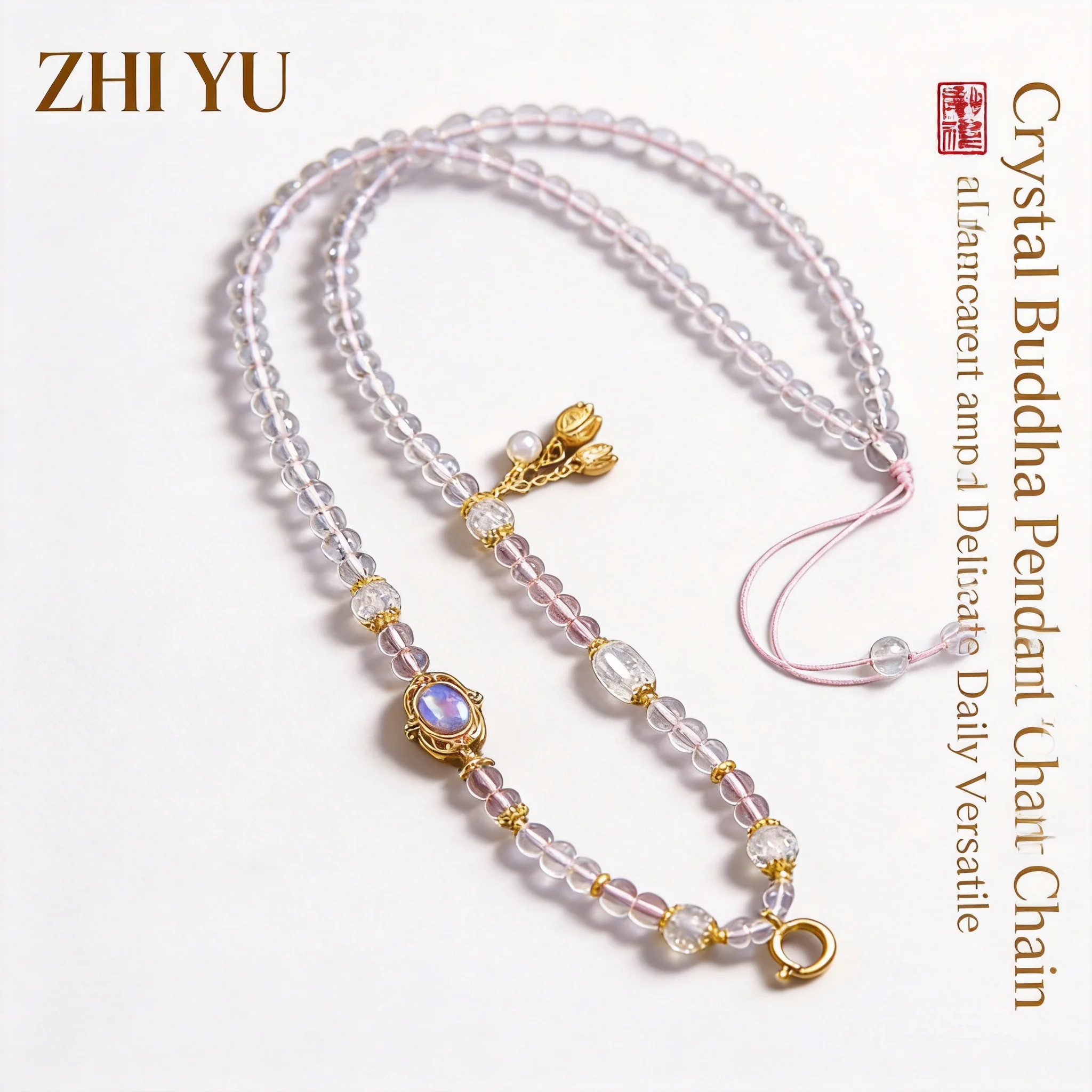 Chinese Style Lucky Auspicious Clear Crystal Beaded Necklace Quick Release Buckle Adjustable Thai Amulet Thangka Pendant Chain