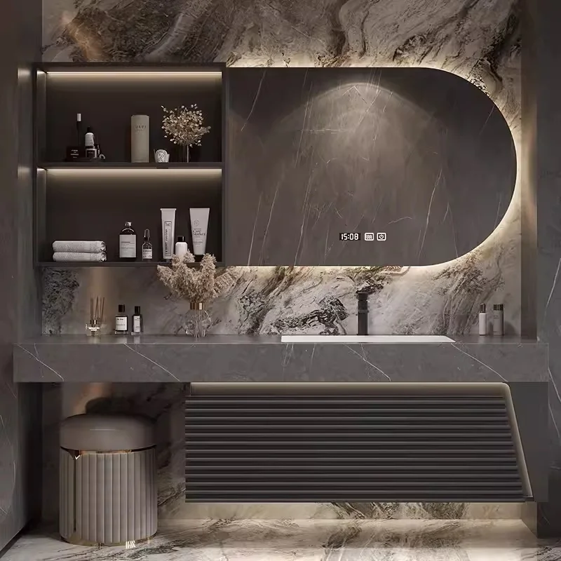 

Modern Hotel-style Solid Wood Bathroom Cabinet Set with Smart Mirror Seamless Stone Countertop Basin