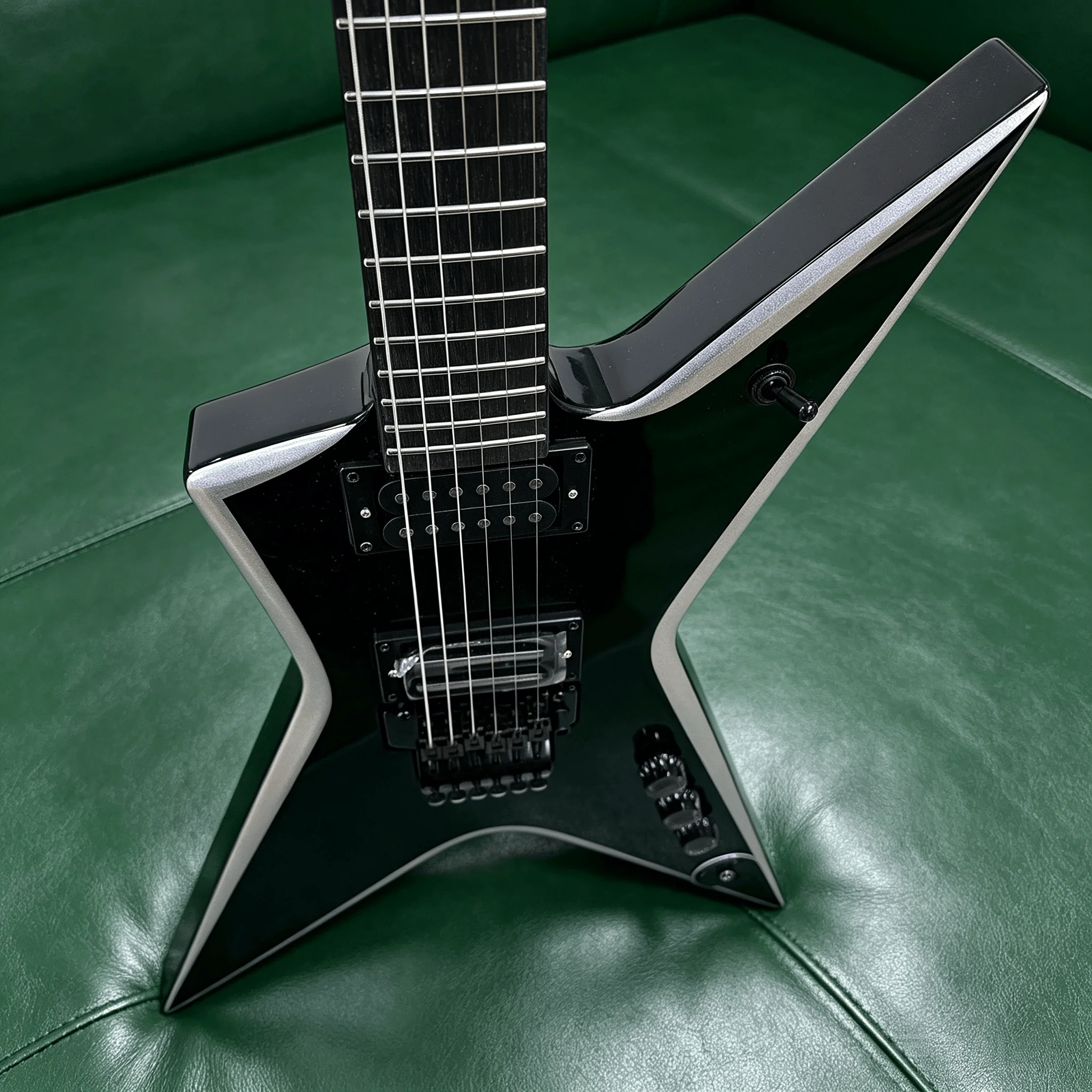 US Warehouse Black Silver Binding V Shape Electric Guitar Double Lock Tremolo System Dual Black HH Humbucker Pickups 3 Control Knobs Heavy Metal Star V Guitar In Stock Free Shipping