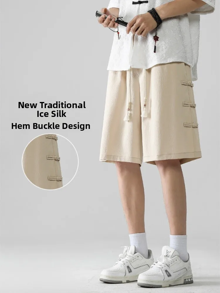 

Новые китайские брюки с пуговицами для мужчин, летние, тонкие, охлаждающие, из ледяного шелка, винтажные, повседневные, свободные, длиной до колена