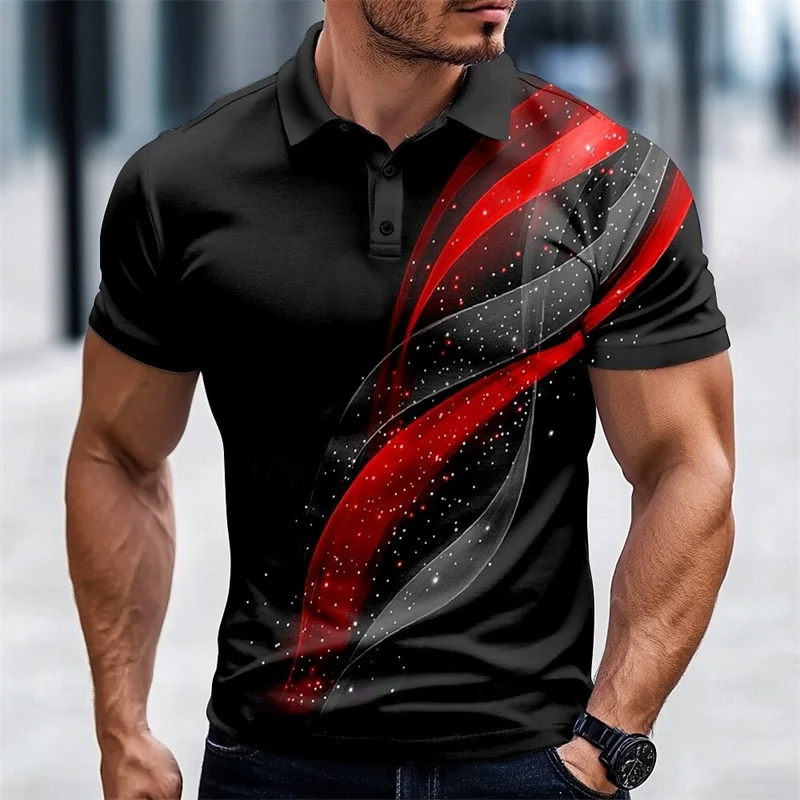 Colorful Line Pattern Men's Polo Shirt Fashion Trend Lapel Button 3D Color Block Printing Polo Shirt Casual Shirt
