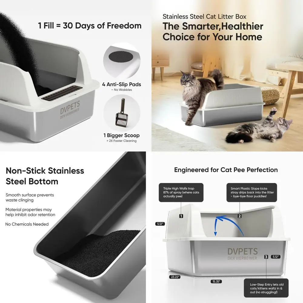 

Extra Large Stainless Steel Cat Litter Box with Lid, High Sides, XL for Large Cats, Ivory White, 24L x 16W x 11H