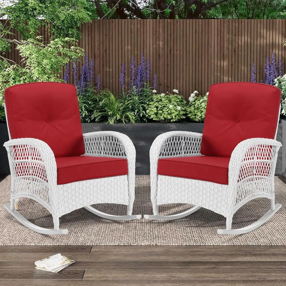 

Two outdoor rocking chairs, rattan terrace rocking chairs with thick cushions and high backrests, all-weather rocking chairs