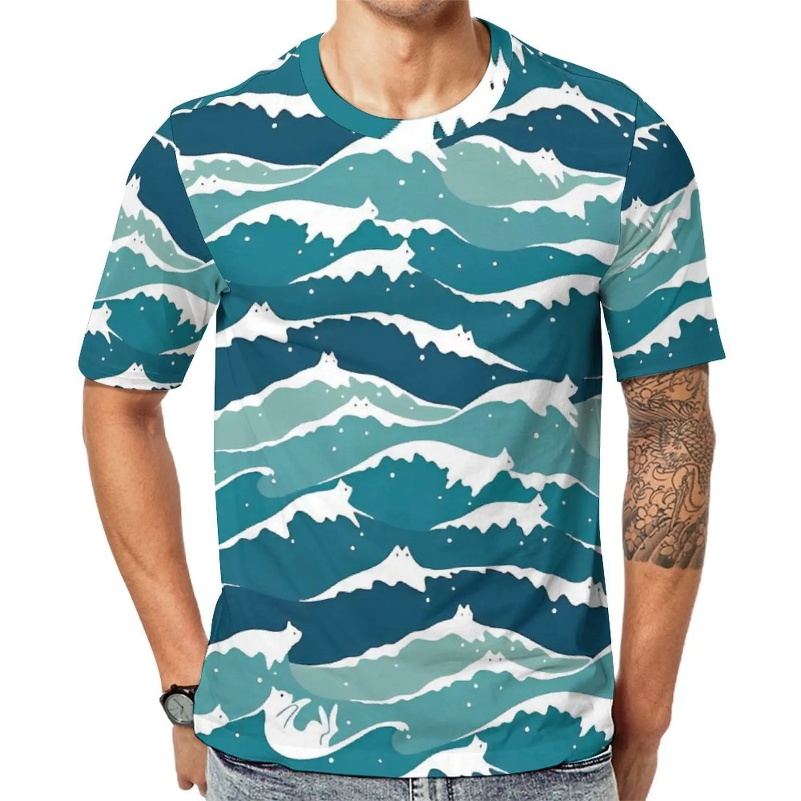 Oversized T Shirt Original Blue And Green Wave Print T-Shirts  Aesthetic Crewneck Tee Shirt Male Fashion Pattern Clothes