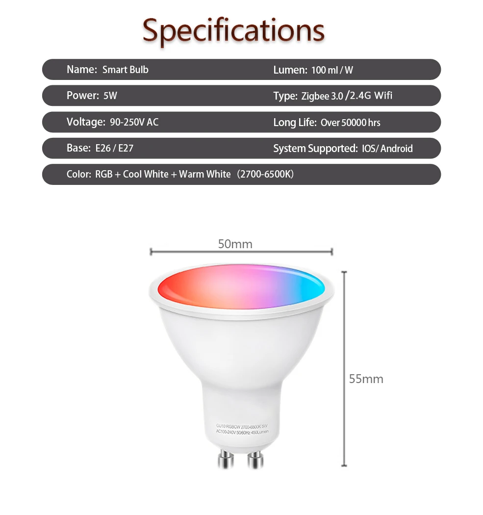 Jewelink-zigbee-スマートLED電球,g10,wi-fi,rgb,cw,ww,LED電球,alexa,Google,スパンデックスsmartThingsで動作