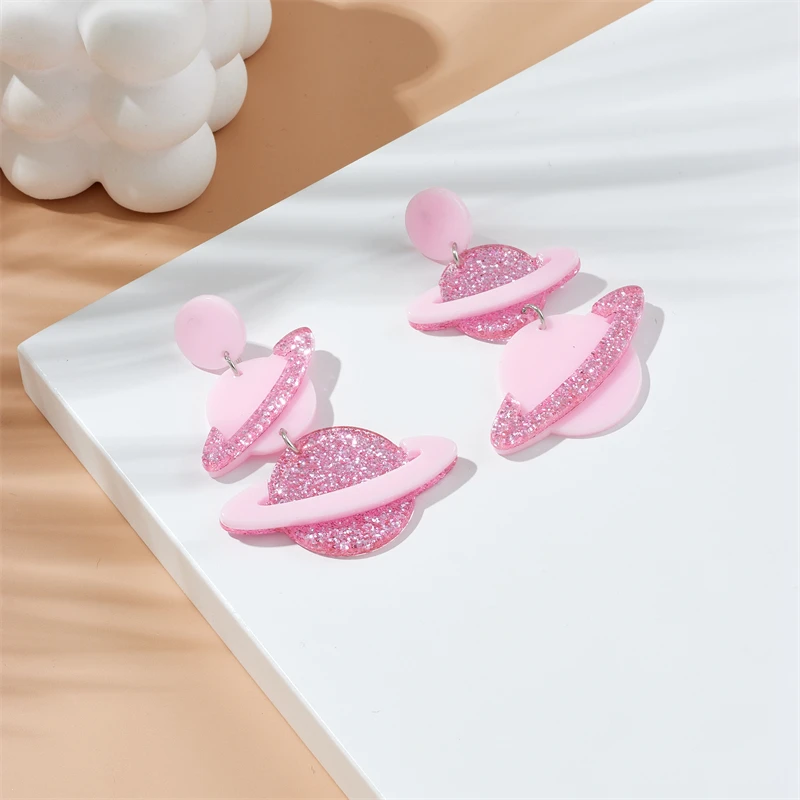 YAOLOGE Acrylic Pink Planet Pendant Earrings For Women Girl New Fashion Ear Dangle Creative Jewelry Gift Party серьги женские