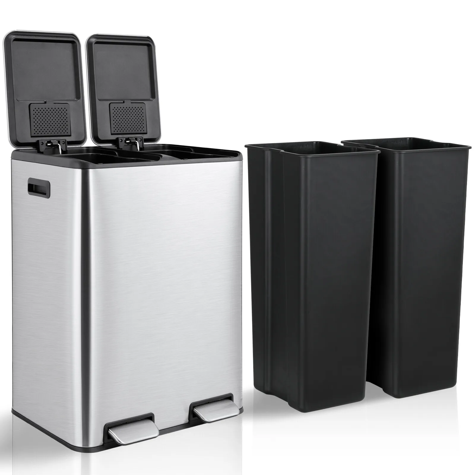 

Двойной мусорный бак 60 л/16 галлонов, ступенчатый мусорный бак из нержавеющей стали со встроенным фильтром, кухонный мусорный бак, мусорный бак для переработки