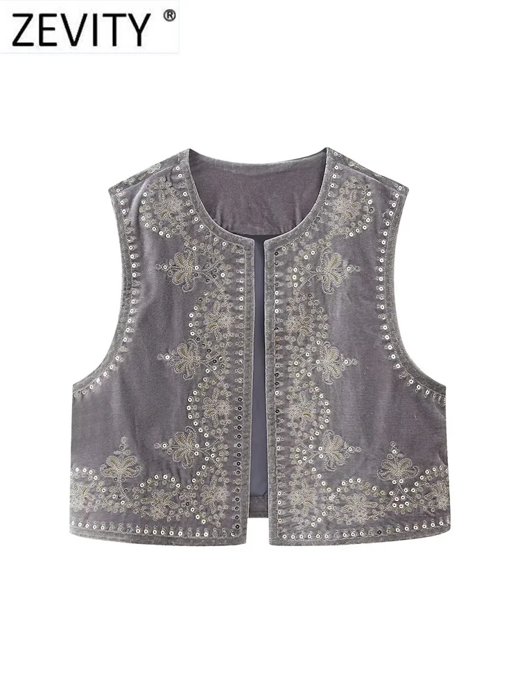 Zevity Women Vintage O Neck Sequins Flower Embroidery Short Vest Jacket Ladies Sleeveless Casual Velvet WaistCoat Tops CT3020