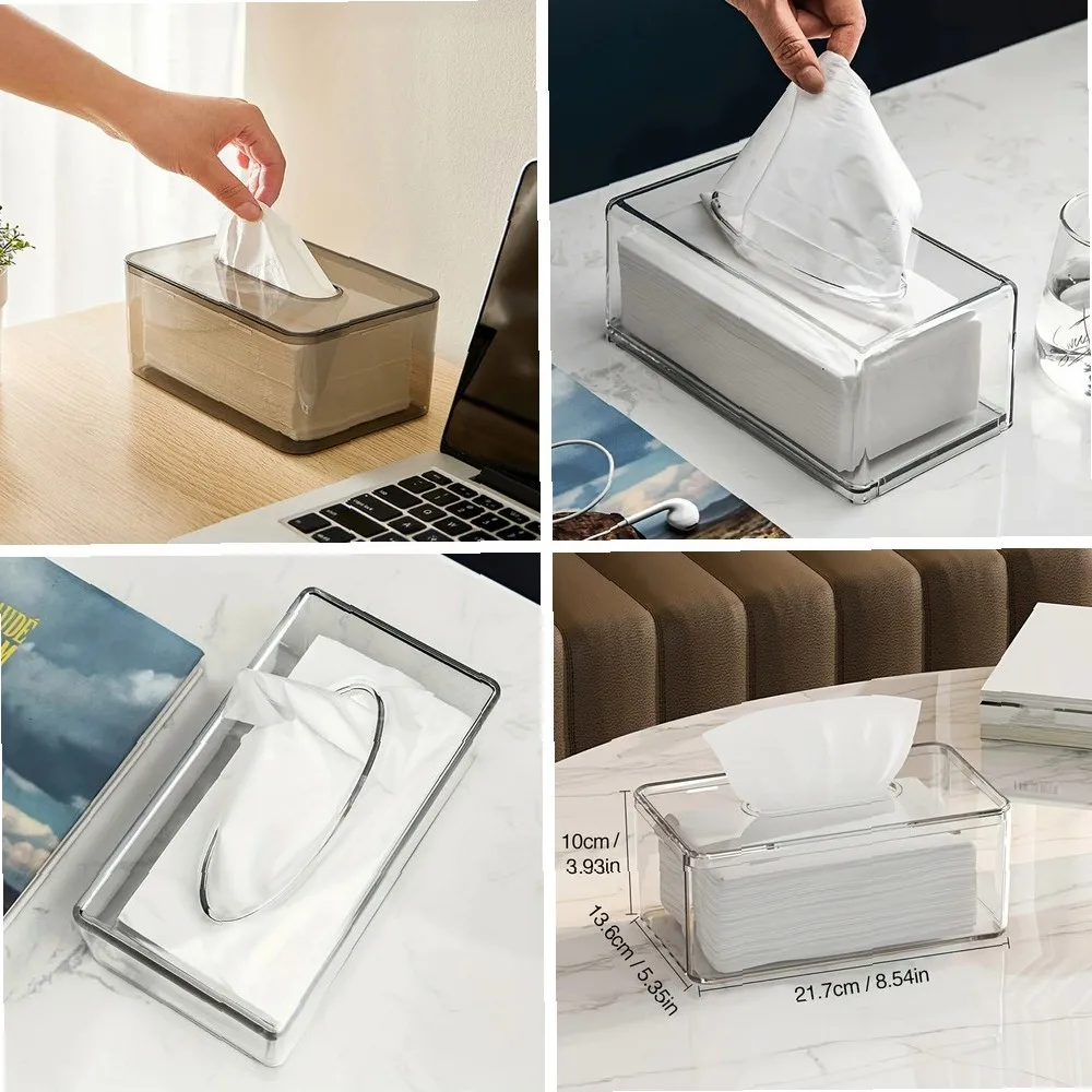 

Clear Rectangular Tissue Box with Cover for Desk, Countertop, Vanity, Bedroom Dresser & Dryer Sheet Dispenser