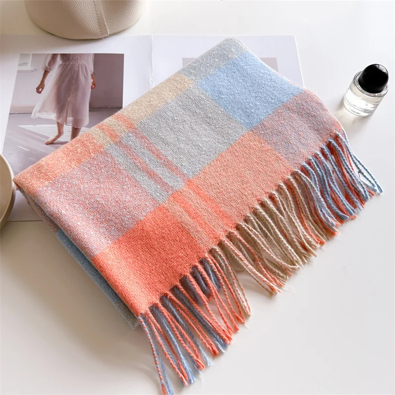 Imitation Cashmere Gradient Plaid Warm Shawl Winter Fashion Versatile Tassel Women Scarf Pashmina Wrap Neckerchief