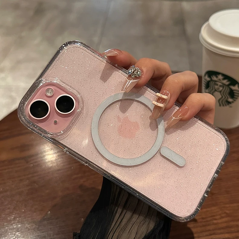Luxury Bling Glitter ForMagsafe Wireless Charge Magnetic Case foriPhone 15 14 Plus 13 12 11 Pro Max Clear Hard Acrylic Cover