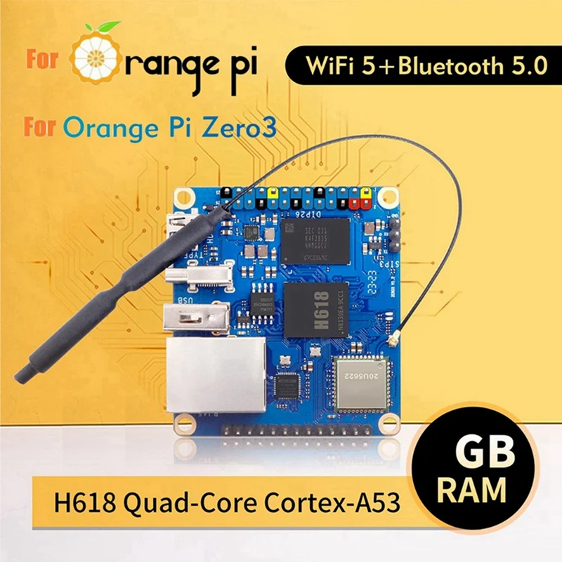 For Orange Pi Zero 3 Development Board 2GB+Heat Sink H618 Wifi5+BT 5.0 For Android 12 Debian12 Ubuntu22.04 Easy Install EU Plug