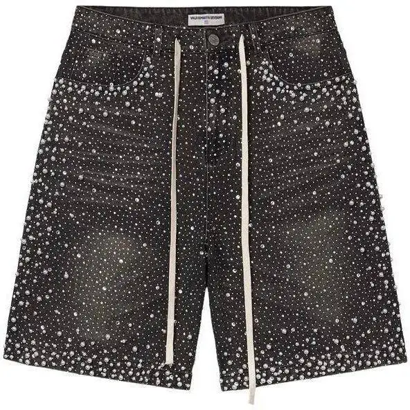 

Low Waist Straight Leg Loose Fit Diamond Embellished Street Style American Retro Denim Shorts for Men Summer Non-Shrinkage