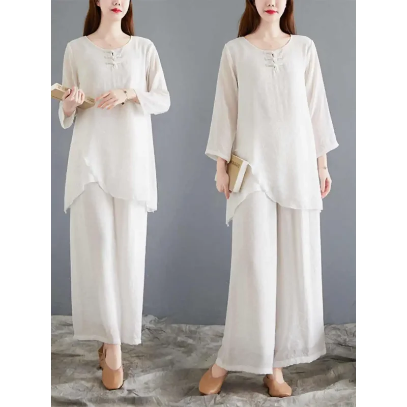 

Новый модный повседневный китайский этнический костюм для женщин: весенне-осенний шифоновый топ с длинным рукавом и свободные брюки для танцев, комплект из двух предметов