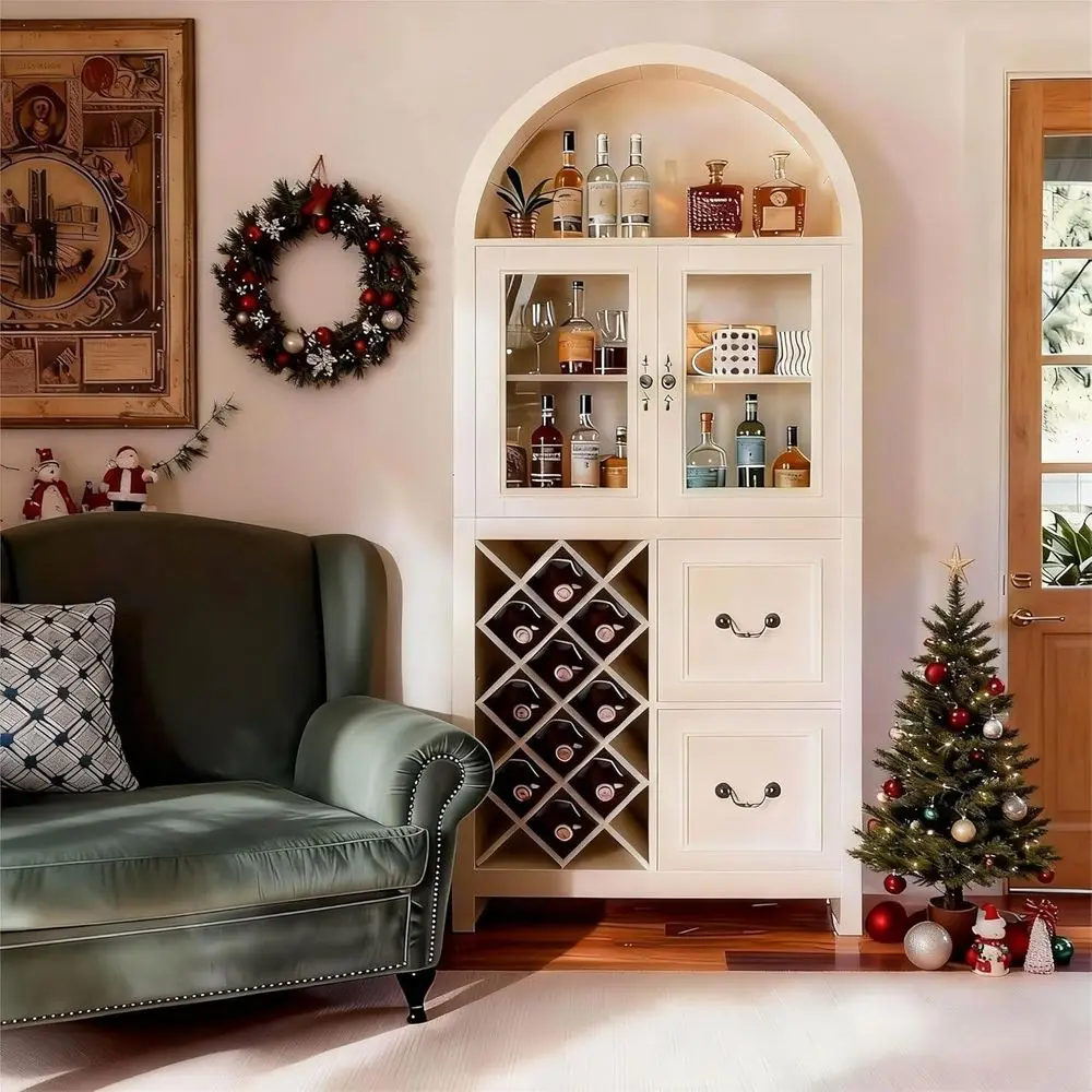 

Барный шкаф со стеклянными дверцами, высокий винный шкаф на 71 бутылку с подставкой для бокалов, арочный шкаф-буфет для кухни, столовой, фурнитура