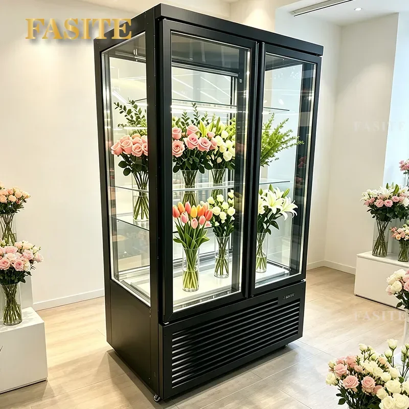 For Flower Shop Commercial Vertical Refrigerator Four Sided Glass Display Cabinet Double Door Bouquet Preservation Case