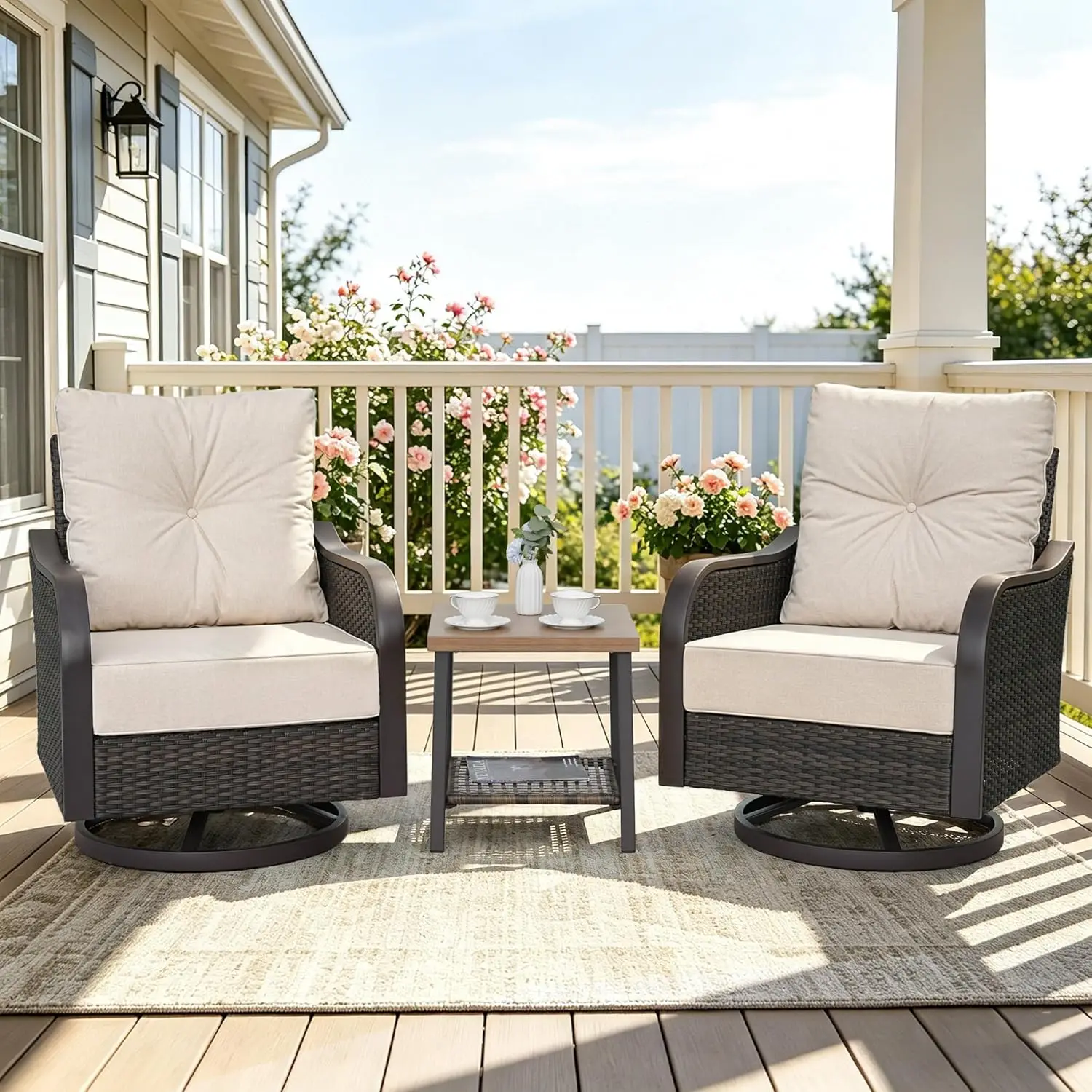 

3 Piece Outdoor Wicker Swivel Rocker Chair Set With 6'' Cushions & Side Coffee Table For Patio Balcony Porch Garden, Customized