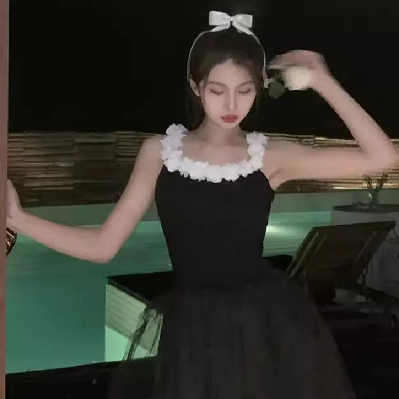 Letnia seksowna sukienka na ramiączkach z dekoltem typu O, bez pleców, damska sukienka, jednolita, wiązana, kwiatowa, bez rękawów, suknia balowa, elegancka, dopasowana bluzka damska.