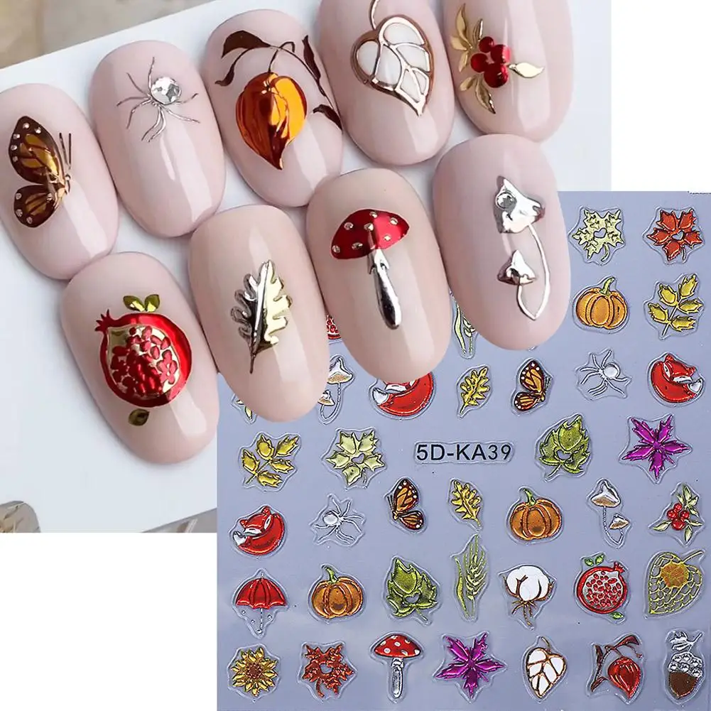 5D 메탈릭 가을 엠보싱 네일 스티커, 가을 나뭇잎, 호박, 버섯, 솔방울, 여우, 접착식 네일 아트 슬라이더, 매니큐어용