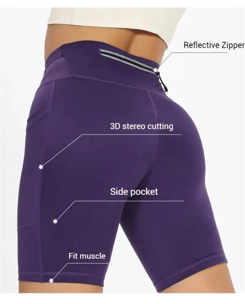 Schnell trocknende Marathon-Laufshorts für Damen mit Hüfttasche, Kompressions-Radlerhose, Jogging-, Yoga-, Fitness- und Outdoor-Sportshorts – Detail 3