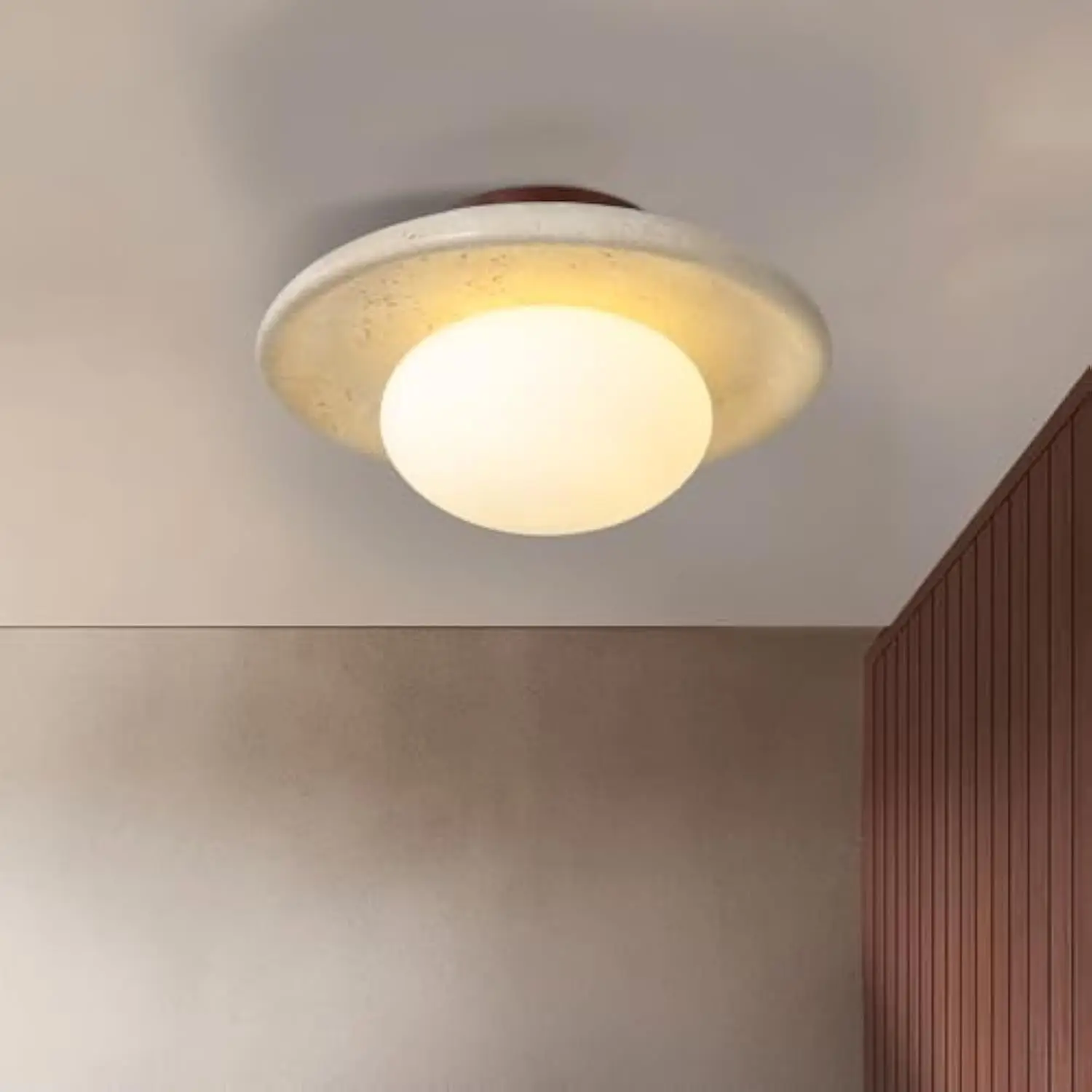 

9.8 Inch Japanese Wabi-Sabi Style Yellow Natural Stone Marble Ceiling Light, Scandinavian Round Wood& Natural Travertine Ceiling Lamp,