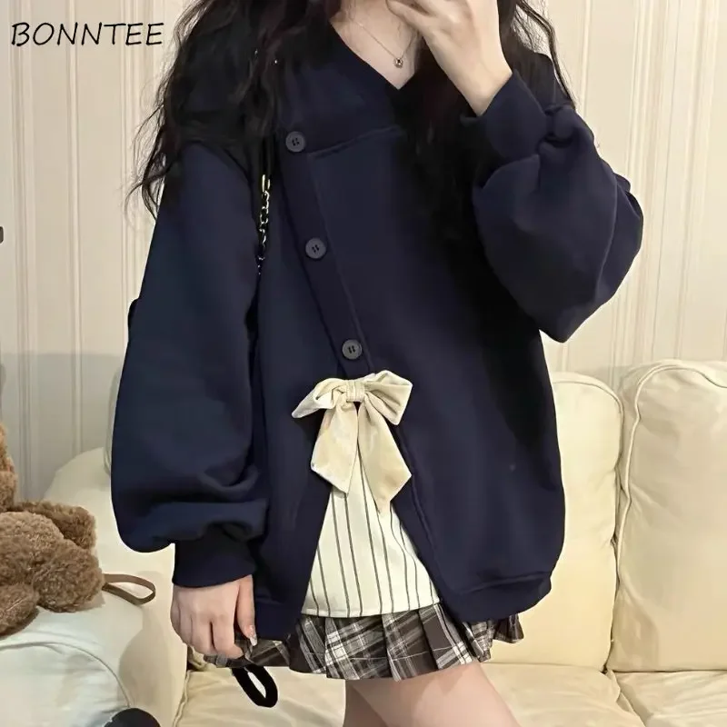 

Preppy Style Loose Sweatshirts Women Spring Leisure Sweet Patchwork Bow-Design Streetwear All-match Students Chic Ulzzang