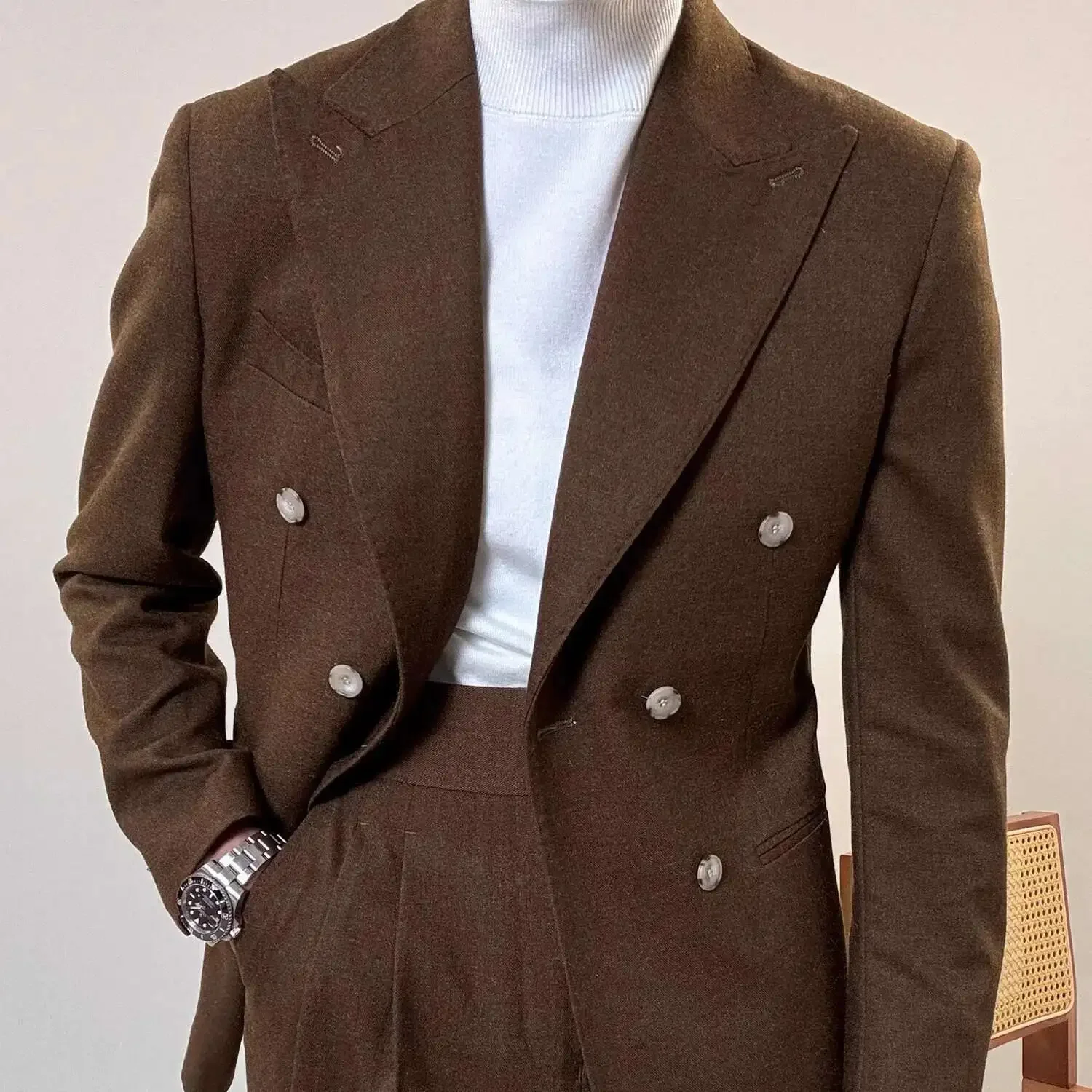 

High Quality Men Suit 2 Pieces (Jacket+Pants) British Slim Fit Double Breasted Fashion Handsome Groom Wedding Dress Warm Set