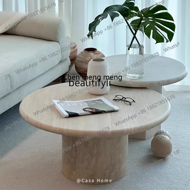 

xzNatural travertine coffee table designer wabi sabi wind light luxury living room round coffee table