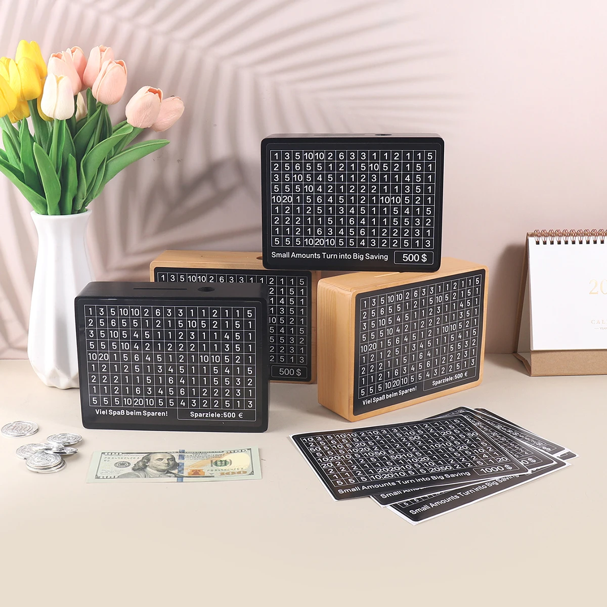 500/1000/2000/3000/5000/10000 US Dollar Euro Money Box Wooden Piggy Bank Money Vault Savings Box Challenge Cash Storage Case