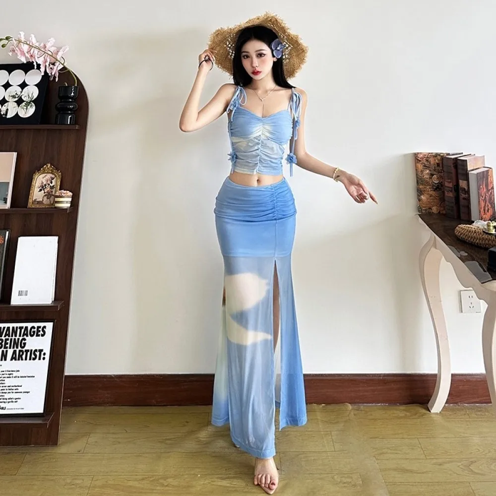 

SylCue Ruched Elegant 2 Piece Set Women Low-Neck Flower Ribbon Backless Camisole+Floral Print Long Skirts Vacation Style Outfits