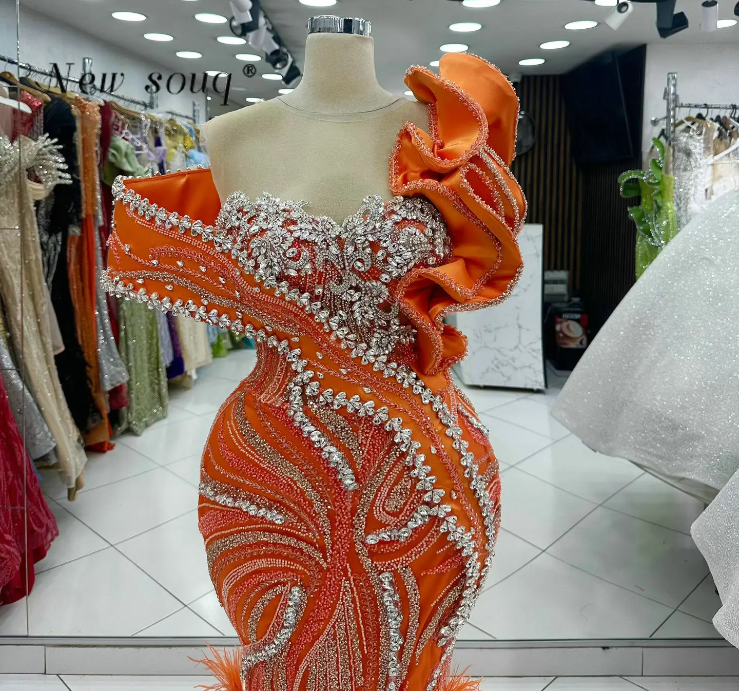 Feathers Orange Formal Mermaid Evening Dresses Crystals Ruffles Arabic Beaded Elegant Wedding Prom Party Gowns 2025 Customized