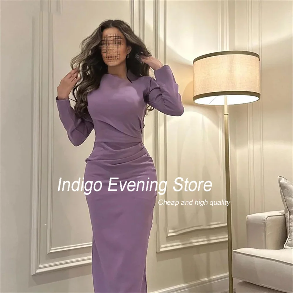 Indigo Prom Dresses Mermaid Long Sleeve Zipper Pleat Crepe Ankle-Length Simple Elegant Evening Gown Women فساتين الس Customized