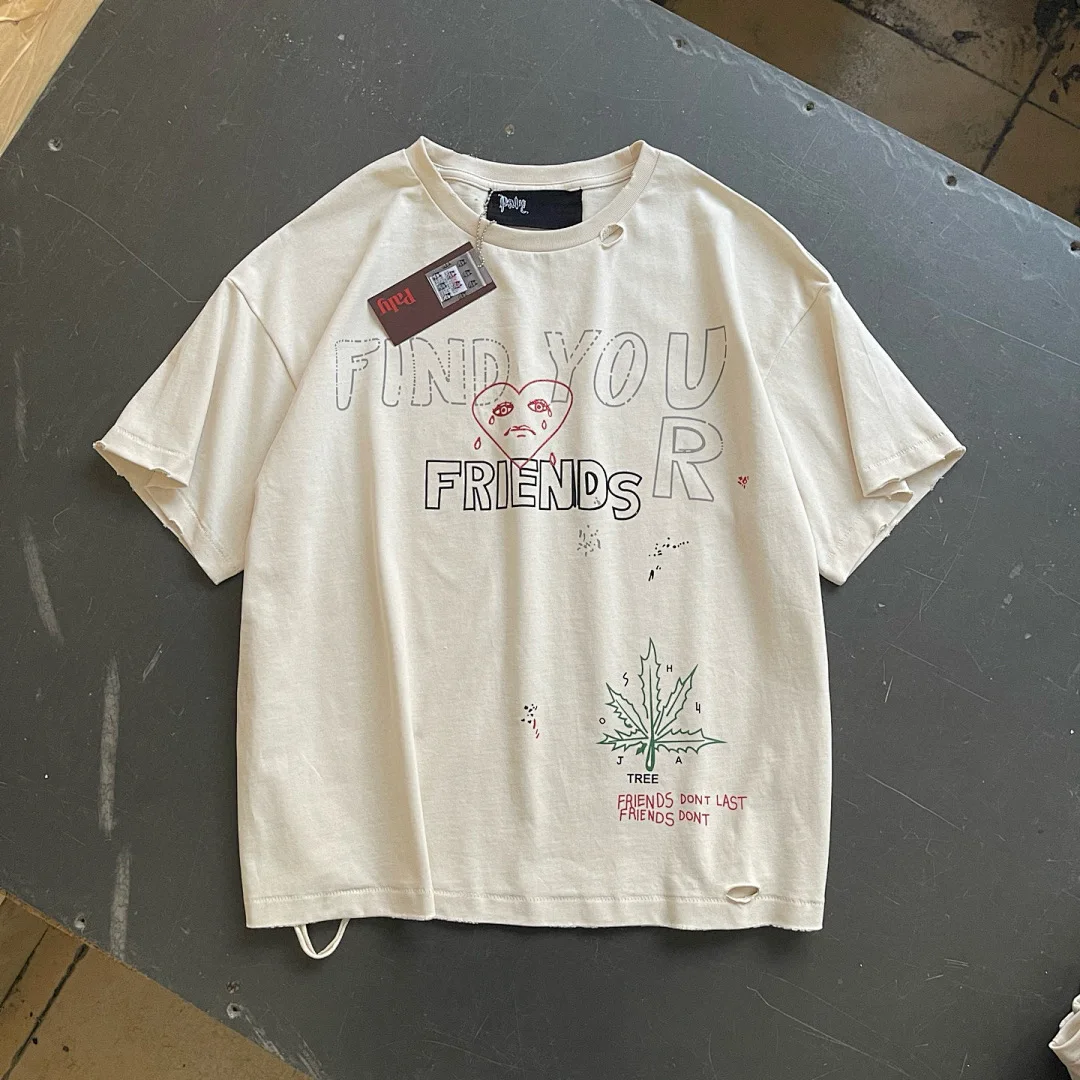 Men's Oversized Distressed Beige T Shirt Vintage Crying Heart Slogan Graffiti Print Retro Streetwear Short Sleeve Tee Loose Tops