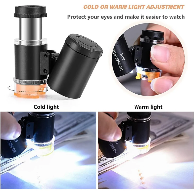 2 Set 60X Mini Pocket Microscope Jewelers Eye Loupe With LED UV Light Portable Magnifying Glass A
