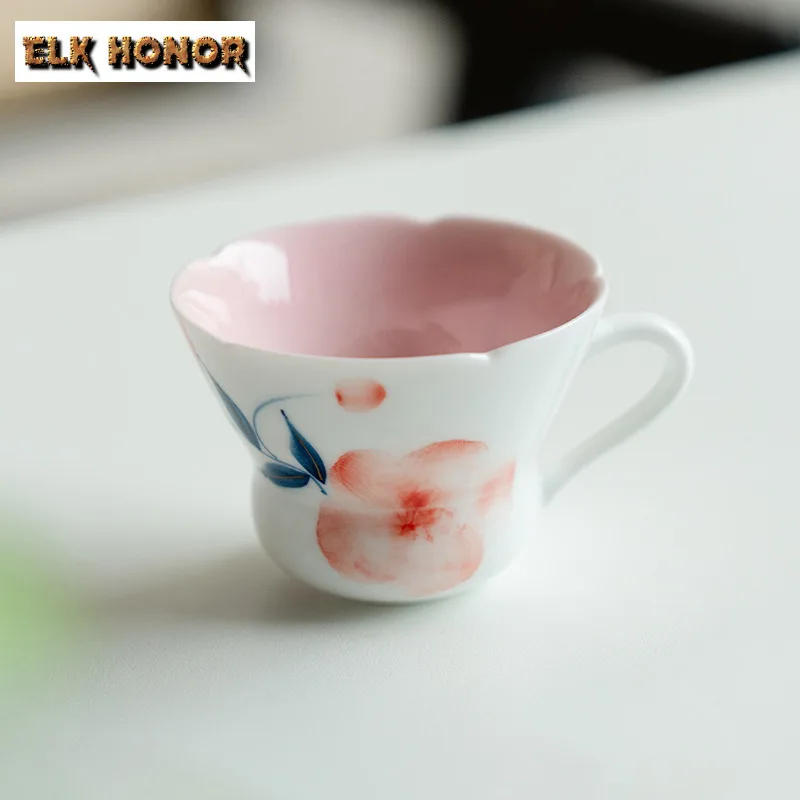 

85ml Hand-painted Peach Blossom Fortune Flower Mouth Teacup Zen Tea Bowl Jug Tea-tasting Personal Cup Chazhan Master Cups Craft