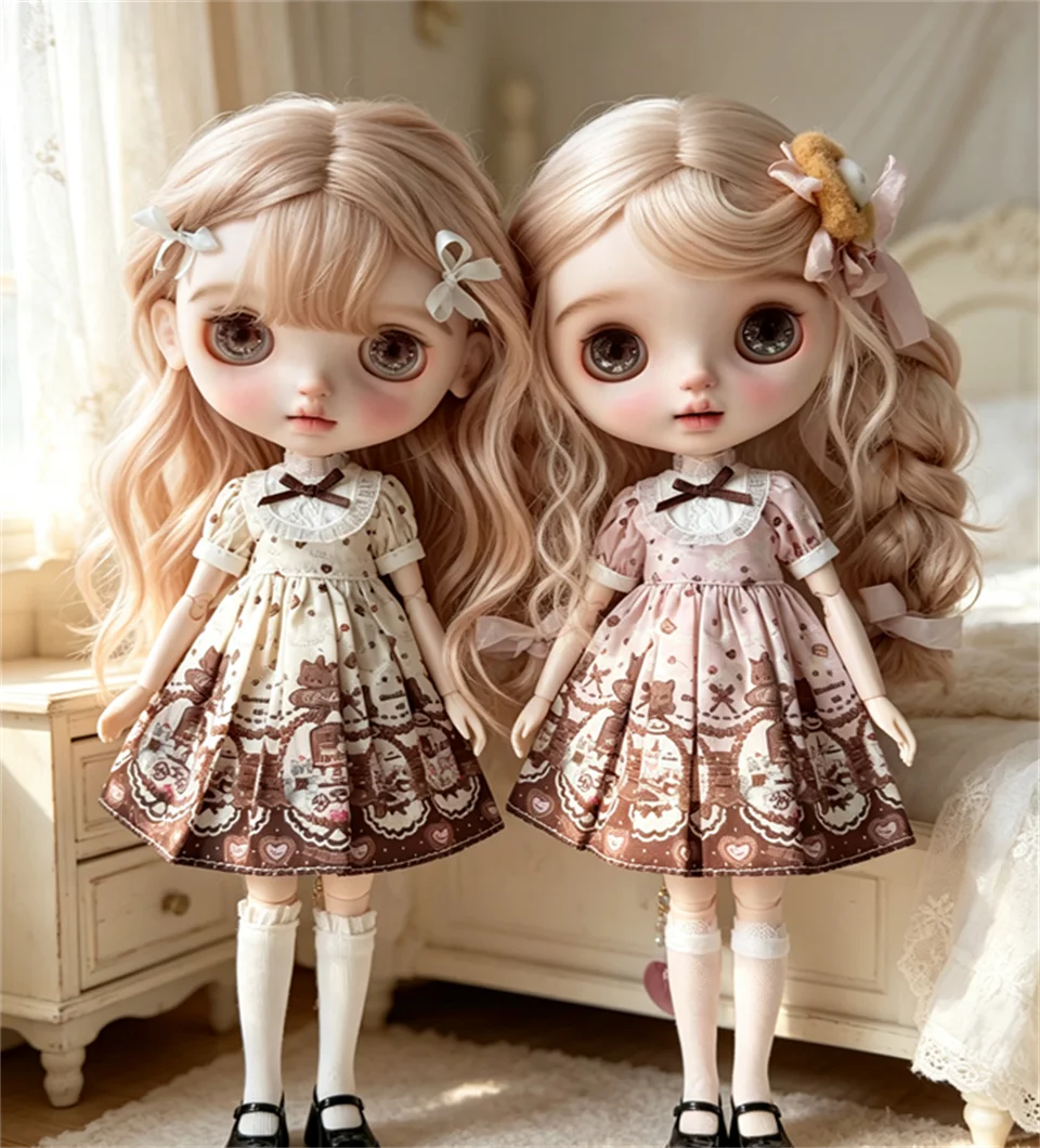 ブライスドール服-ob24-ベビー服-新品半袖ドレス-猫柄絵柄-19関節着用可能-アゾン-3色スタイル