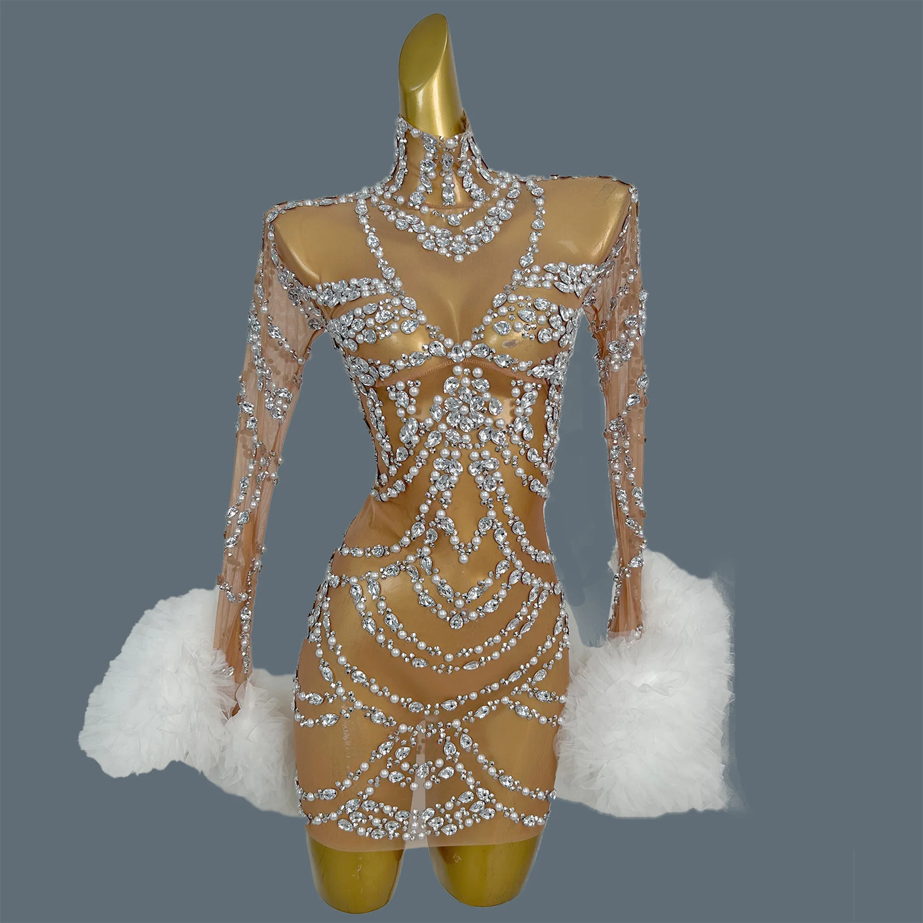 ชุดเดรสค็อกเทลประดับคริสตัลและไข่มุก งานปาร์ตี้ งานพรอม งานกาล่า ชุดออกงาน ชุดถ่ายรูปวันเกิด  ผ้าตาข่ายซีทรู  สำหรับผู้หญิง  แบรนด์ Maozhua