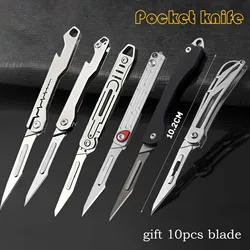 Aço inoxidável Folding Knife Keychain, G10, liga de titânio, canivete, Ferramenta de auto-defesa cirúrgica, lâmina substituível Blad, NO.11