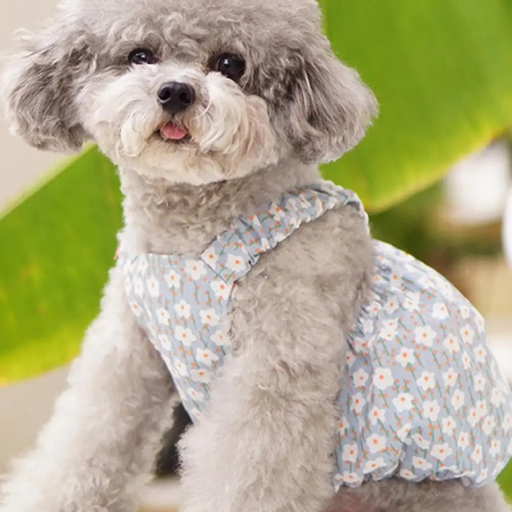 Adorable Dog Dress Stylish Sweet Floral Printing Bubble Skirt For Summer Comfortable Lattice Splicing Sleeveless Pet Supplies