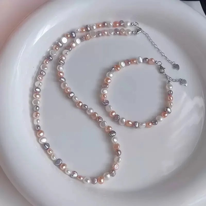 

PEARLCINEMA s925 Серебряное жемчужное ожерелье и браслет ярких цветов