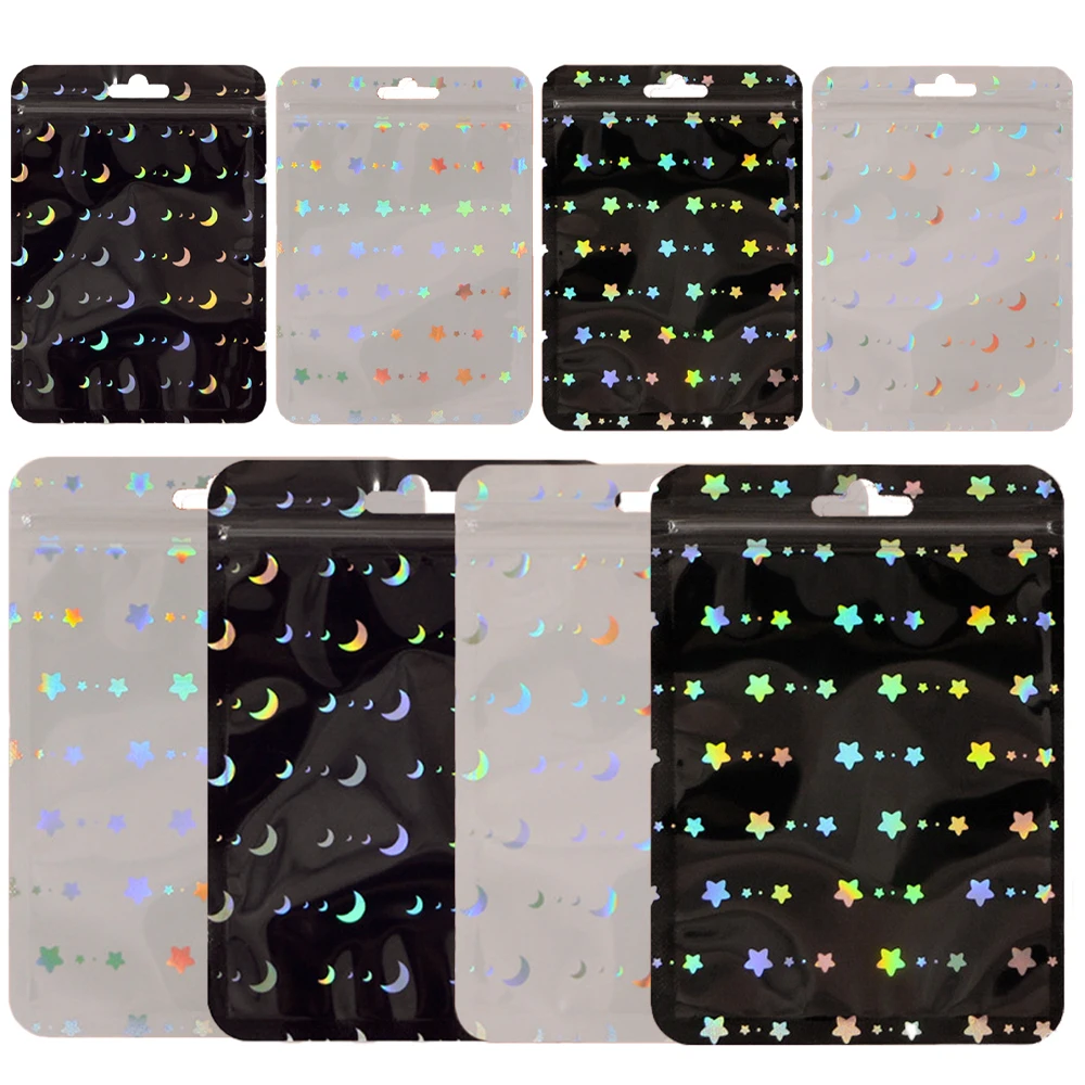 50pcs Black White Star Moon Holographic Foil Ziplock Laser Bag for Jewelry Food Soap Storage Small Businesses Packaging Supplies