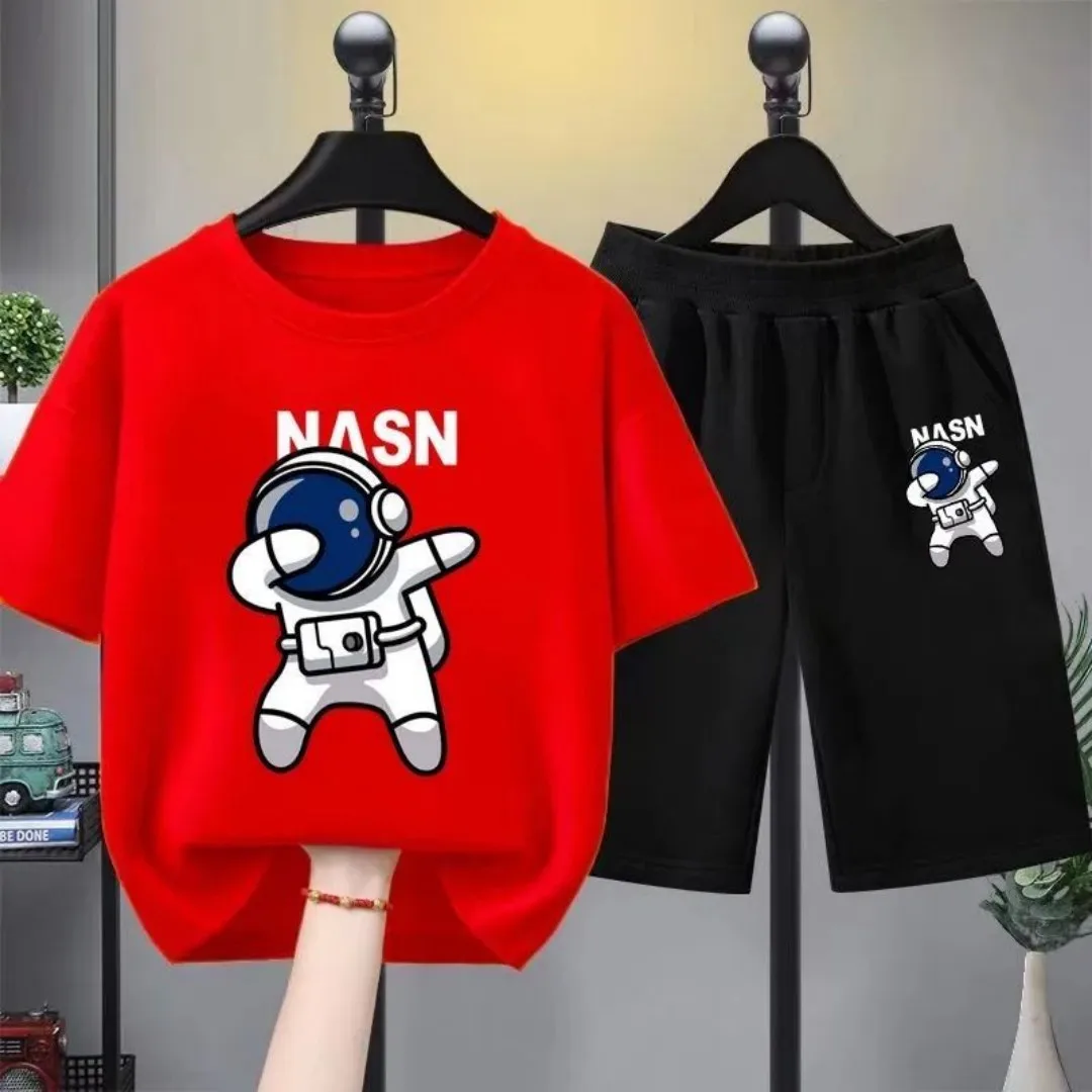 2025 Summer Boys' T-shirt and Shorts 2-piece Set, Teenage Girls' and Boys' Printed Spaceman Sportswear Fashion Casual Set