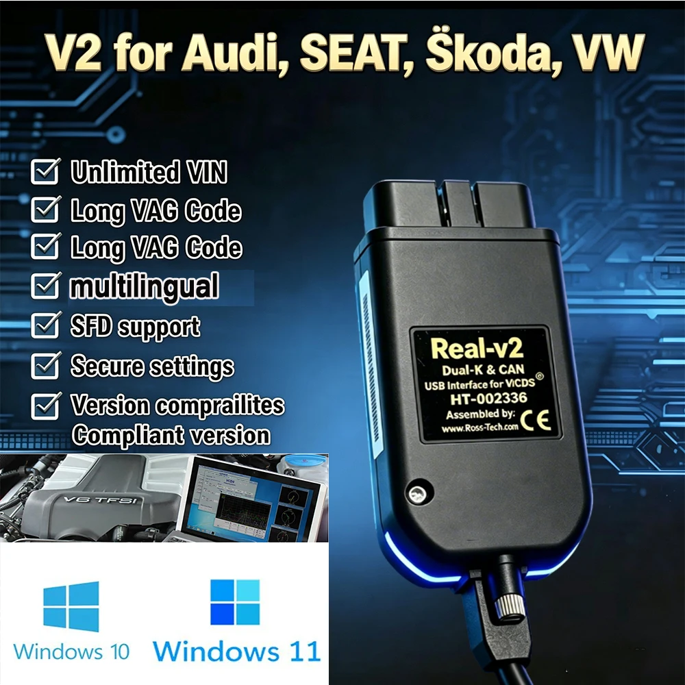 Herramienta de Diagnóstico VagCom V2 Real 1996-2026+ con Actualización en Línea, VINS Ilimitados, Interfaz USB HEX V25.3 y Función de Codificación