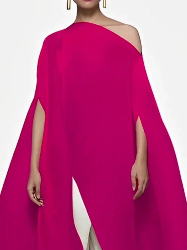 Krisstargirls  Women Hot Pink Asymmetric Cape Blouse Dress, Split Front Batwing Sleeve Solid Elegant Party Midi Tunic Top