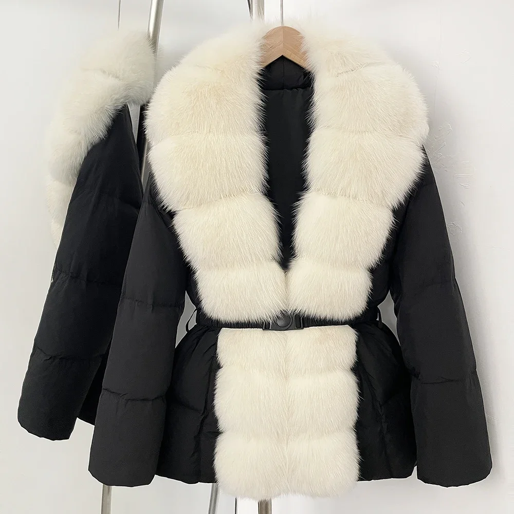 Piumino da donna in pelliccia di volpe naturale di lusso con collo in pelliccia di volpe, piumino casual Parka 2025 enorme piumino in piumino d'anatra bianca