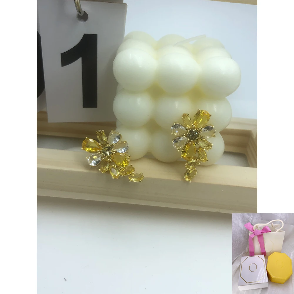 

New Fashion Gema Water Drop shaped Earrings Mixed Cutting Flower Yellow High end Romantic Birthday Gift