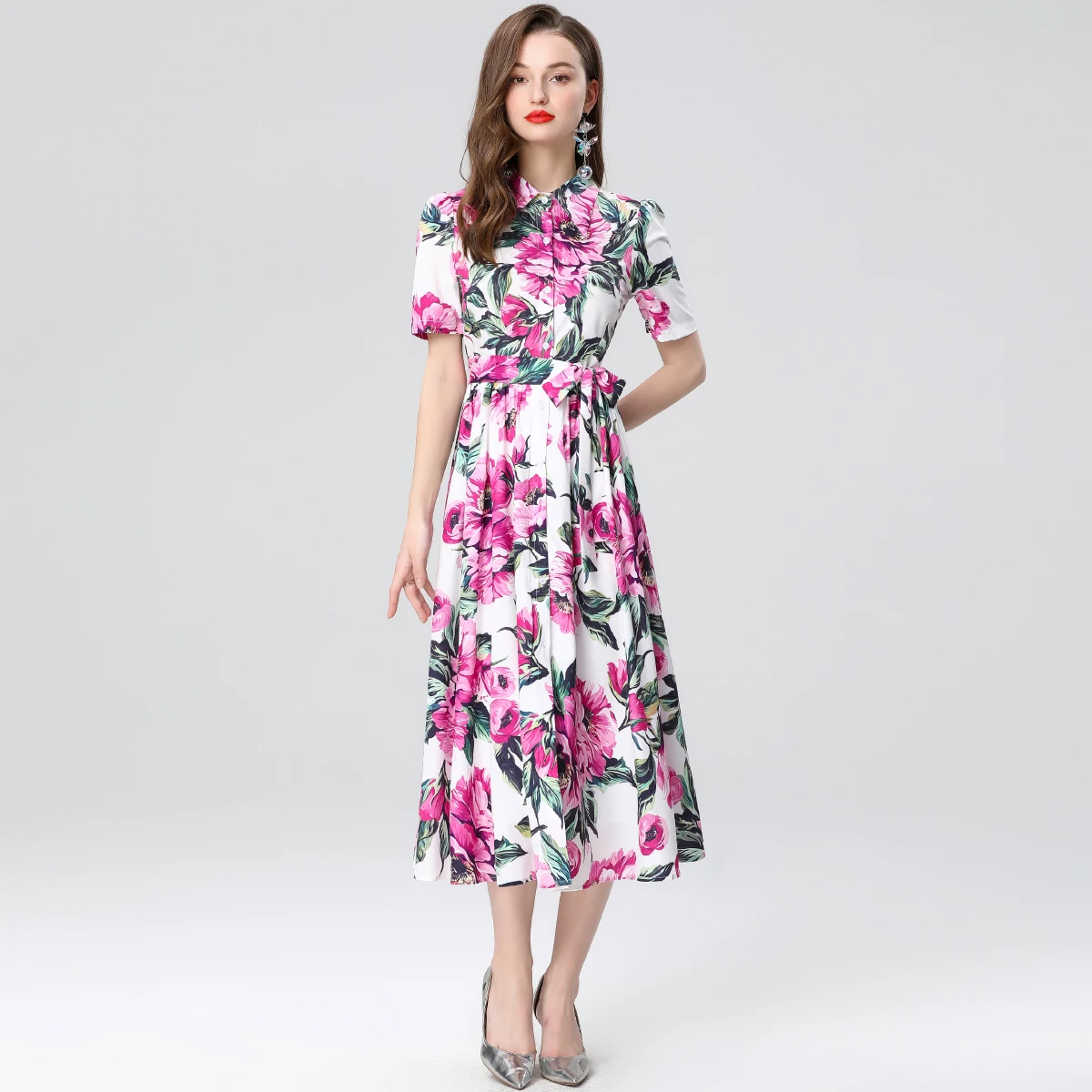 ZJYT Runway Fashion Summer Yellow Flower Print Shirt Dresses for Women Short Sleeve Single Breasted Casual Midi Dress Vestidos