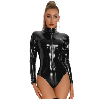 Bayan Wetlook uzun kollu Bodysuit tanga PVC PU deri bayanlar Leotard tulum lateks tulum tulum fetiş gece Clubwear