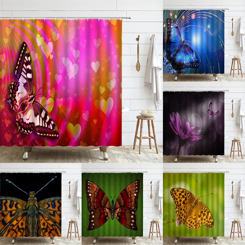 

Flower Butterfly Shower Curtain Floral Wings Animal Fantasy Spring Nature Garden Plant Woman Fabric Bathroom Decor Curtains Home